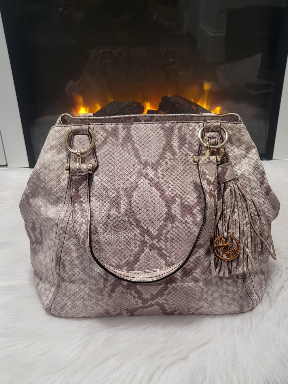 Michael Kors Taupe Snake-Embossed Tote with Tassel - Picture 2 of 8